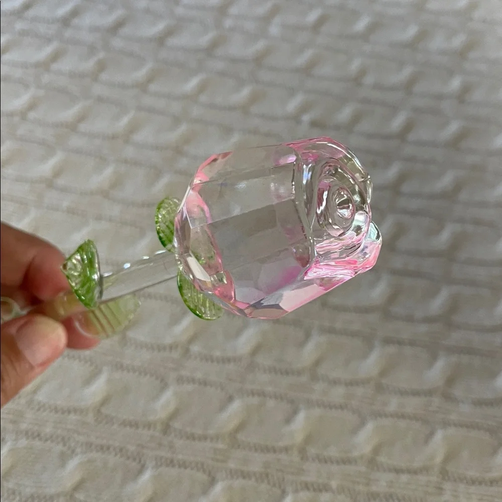 13.25” glass single stem rose w/ leaves.  Clear pink and green no chips/cracks